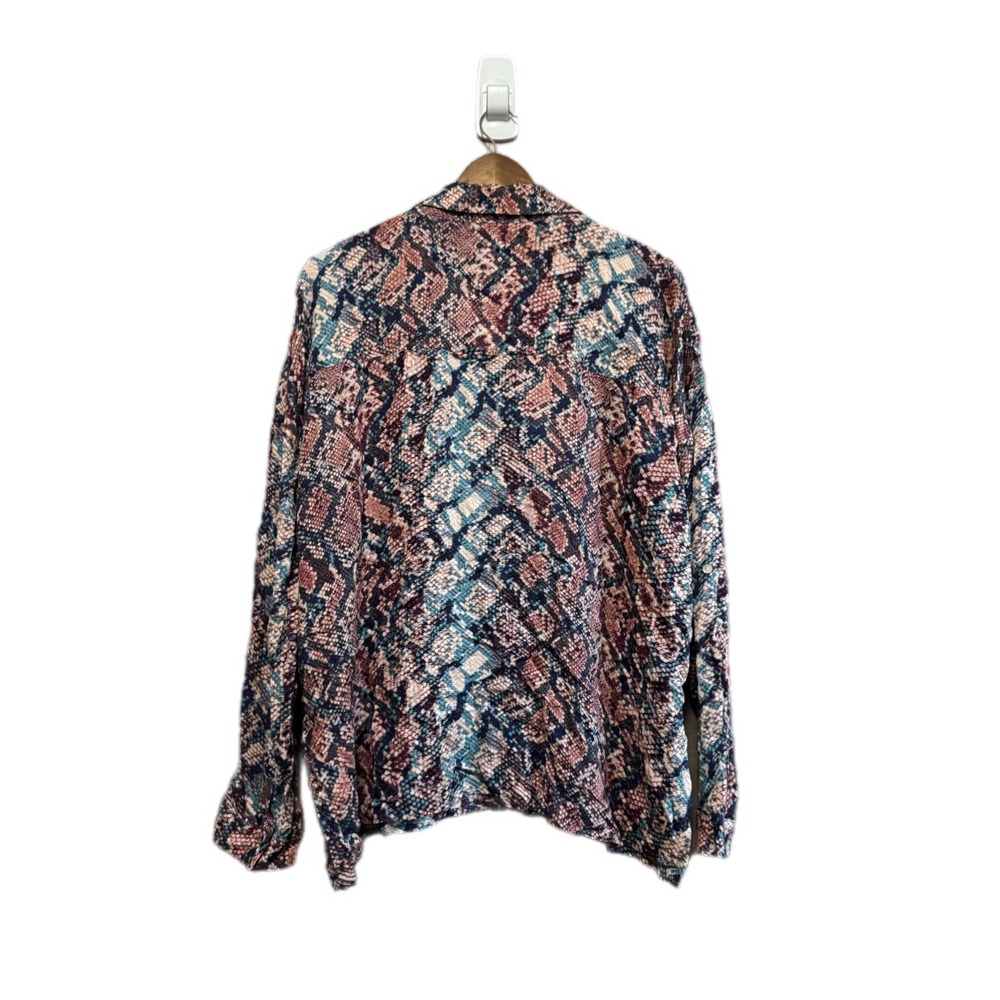 Dear John Snakeskin Button Down Women Large Mauve Teal Rayon Roll Tab Blouse - Picture 8 of 8